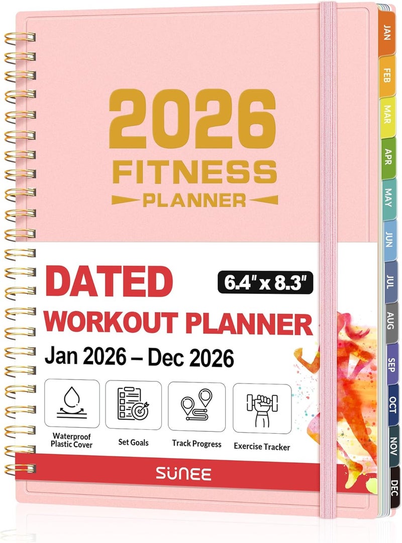SUNEE 2026 Fitness Workout Journal Planner for Women & Men, JAN 2026 - DEC 2026 Exercise Planner, 6.4" x 8.3" Workout Calendar Journal Essentials Gift for Goals, Tracking, Gifts with PVC Plastic Cover, Pink - Image 1